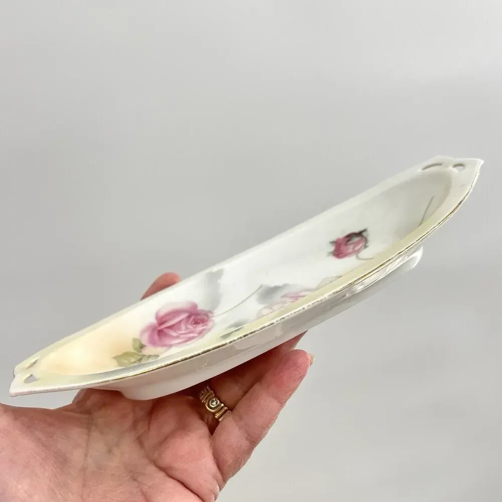 Rose Porcelain Tray Hand Painted Pink Floral Trinket Dish Vanity Romantic 9x4
